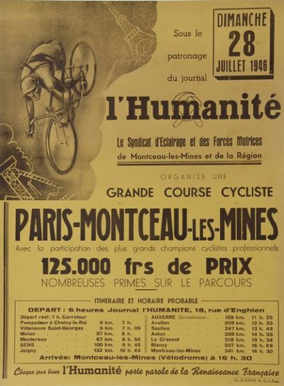 null Affiche 'Paris-Montceau Les Mines' du 28 juillet 1946. Illustrée par Pellos....