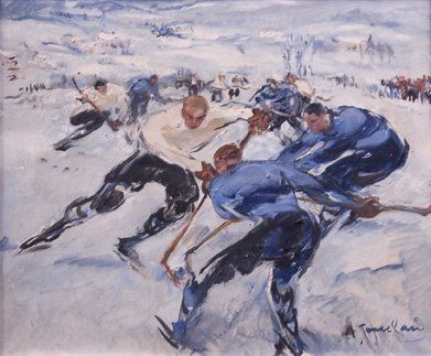 null Jouclard Adrienne. (1882-1972). Huile sur toile illustrant un match de hockey...