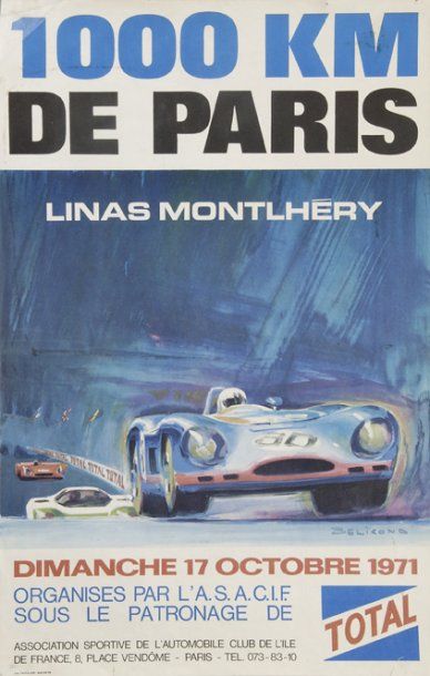 null Affiche des '1000 kms de Paris' 1971. Illustration de Beligond. Dim. 38 x 60...