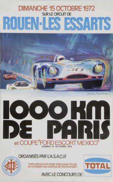 null Affiche des '1000 kms de Paris' du dimanche 15 octobre 1972. Illustration de...