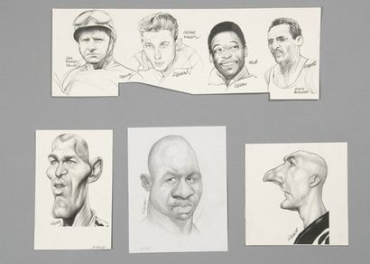 null Dessin original. Frise de 4 portraits. Fangio, Anquetil, Pelé, Mimoun. Signé...