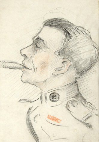 null Dessin au crayon représentant un lieutenant américain fumant le cigare. Anonyme,...