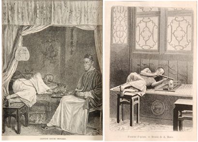 null Deux gravures 1870-1880 représentant des fumeurs d'opium, Angleterre et Fra...