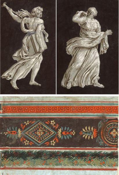null Trois fragments Directoire, deux figures drapees a l'antique en grisaille sur...