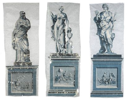 null Rare suite de trois statues, papier peint en trompe l'oeil, fin XVIIIe siècle,...