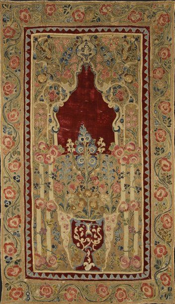 null Tenture brodée ottomane, seconde moitié du XVIIIe siècle, toile de laine bis...