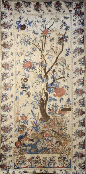 null Palempore, XIXe siècle, toile de coton peinte en rouge bleu et brun sur trait...