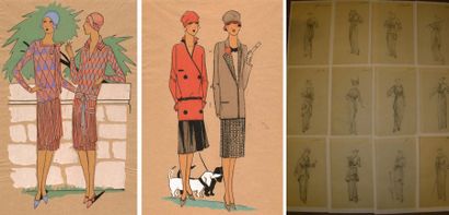 null Ensemble de 27 croquis de mode, vers 1910-1915, crayon sur calque ; robes habillees,...