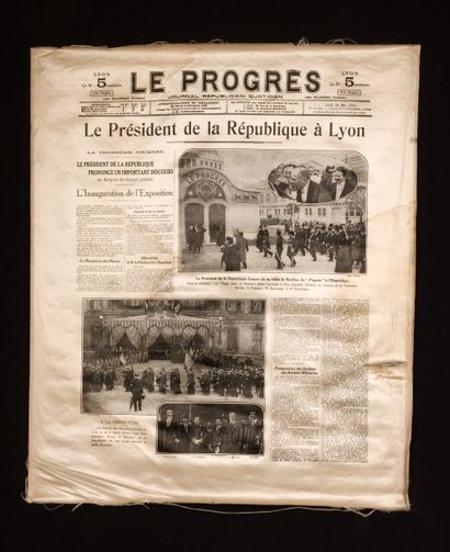 null La Une du Progrès ; Lundi 25 Mai 1914, rare tirage sur satin de soie creme a...