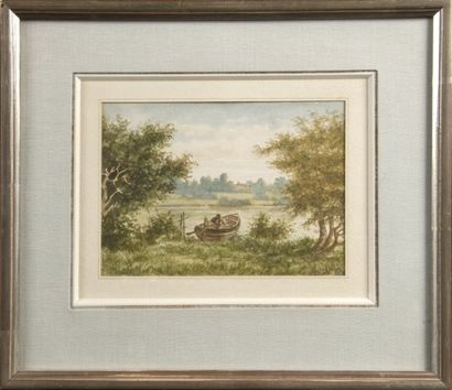 Eugène CICERI (1813-1890) Barque au bord d'un étang Aquarelle, signée en bas à droite....