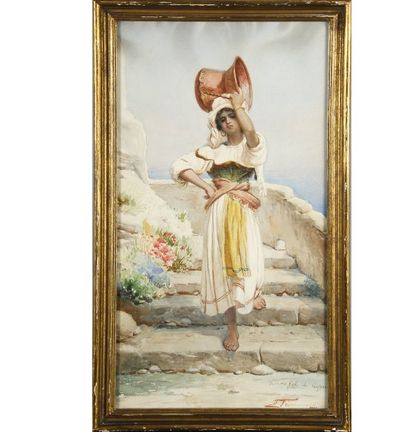 DE FROMENTS C., école française du XIXe siècle. Jeune fille de Capri Aquarelle signée...