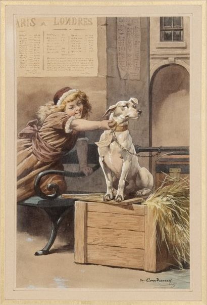 Charles Ferdinand de CONDAMY (1847-1910) La jeune fille et le chien Aquarelle gouachée...