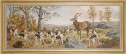 Paul TAVERNIER (1852-1943) Hallali de cerf en forêt de Fontainebleau Huile sur panneau...