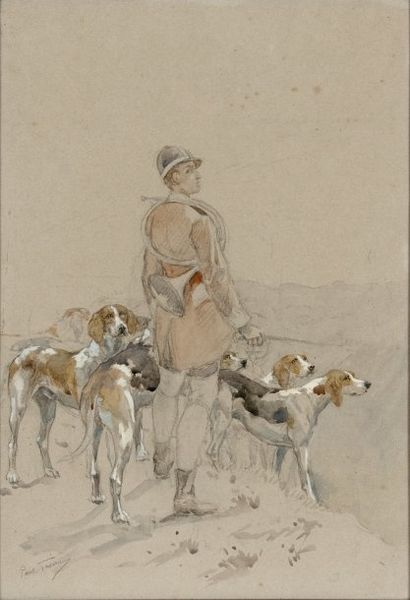 Paul TAVERNIER (1852-1943) Valet de chiens et sa harde Dessin et aquarelle, signé...