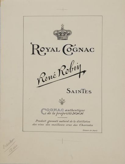 null Alcool - Royal Cognac René Robin. Projet publicitaire, étiquette, à décor d'une...