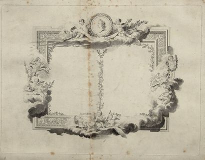 null Lot de deux encadrements stylisés à décor d'un profil de Louis XV, dans un décor...