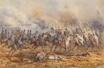 null Jung Théodore (1803-1865). Scène de bataille en Algérie. Aquarelle signée en...