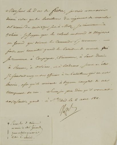 null Napoléon Ier, empereur des Français. Lettre signée « Napole » adressée au ministre...