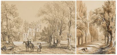 null Vue du château de Glamis. Lot de deux gravures colorées, datées 1851.L.: 17...