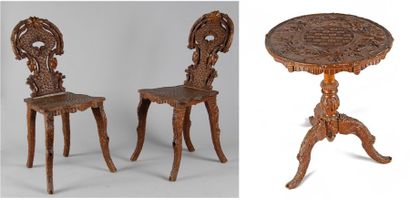 null Ensemble comprenant deux chaises et un guéridon à décor de feuillage en bois...