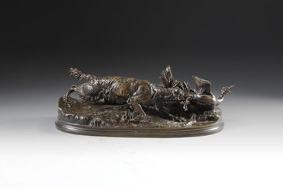 Pierre-Jules MENE (1810-1879) La chasse au canard Bronze à patine H. : 24 x 50 c...