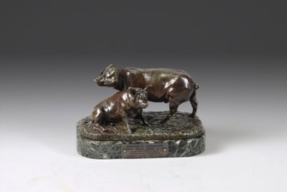 Isidore BONHEUR (1827-1901) Cochons domestiques. Rare bronze à patine brune repose...