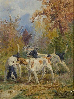 Marie CALVES (1883-1957) Chiens de meute et veneur Huile sur toile 33,5 x 26 cm....