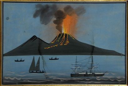 Ecole Italienne du XXe siècle. L'Eruption du Vésuve Gouache polychrome encadrée....