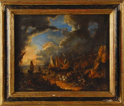 Attribué à Pieter BOUT (après 1620 - après 1690) Pêcheurs sur le port avant l'orage....