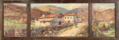 Louis FLOUTIER (1882-1936) Campagne basque. Triptyque signé. Huile sur panneaux....