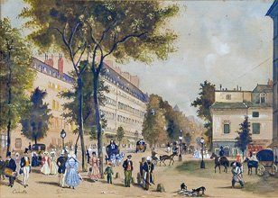 Giuseppe CANELLA (1788-1847) Les grands boulevards animés de Paris Gouache sur carton,...