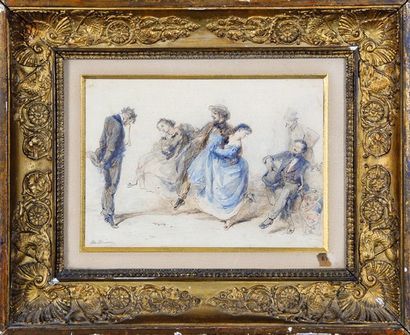 Clément Auguste ANDRIEUX (1829-1880) Le quadrille d'étudiants. Plume et aquarelle...