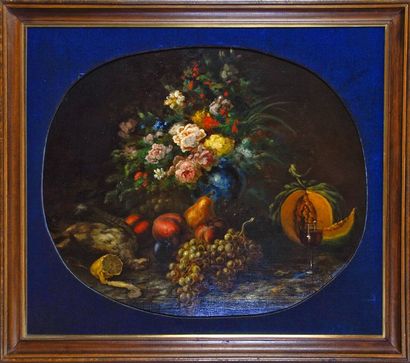 Gabriel CHARDIN (1849 - ....). Nature morte aux fruits et aux fleurs Huile sur panneau...