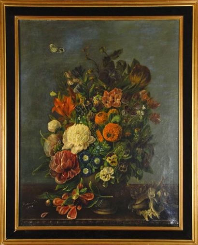 ROOSMALEN, école du XIXe siècle. Bouquet de fleurs et coquillage sur un entablement...
