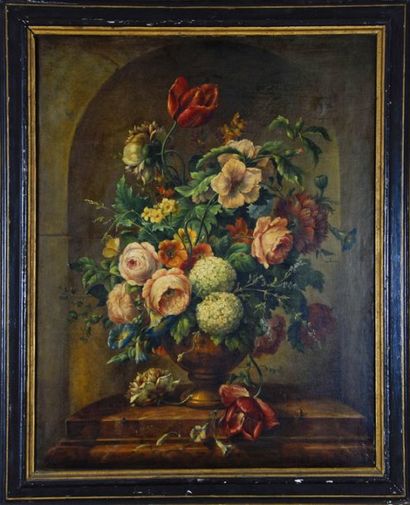 Ecole FRANCAISE du XIXe siècle. Bouquet de fleurs sur un entablement Huile sur toile....