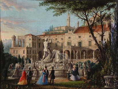 Ecole de la fin du XIXe siècle, Italie. Fontaine de Neptune animée Huile sur toile....