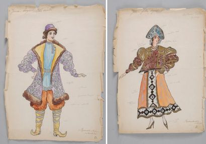 ECOLE RUSSE DU XXe siècle. Lot de deux projets de costumes, intitulés « Jeune fille...