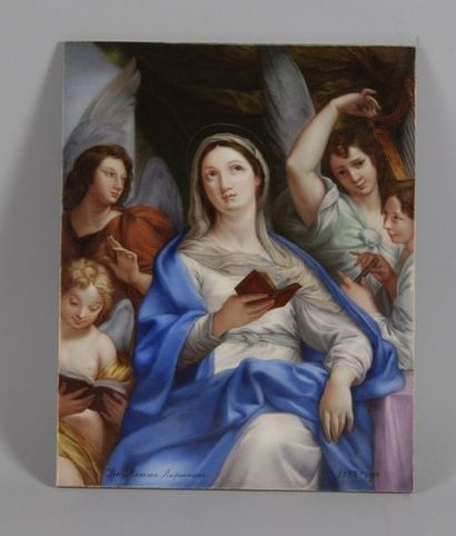 null Plaque en porcelaine, représentant la Vierge entourée d'anges, d'après une peinture...