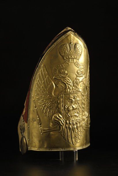 null Mitre du régiment Pawlovsky en bronze doré, à décor de l'aigle impérial, manque...