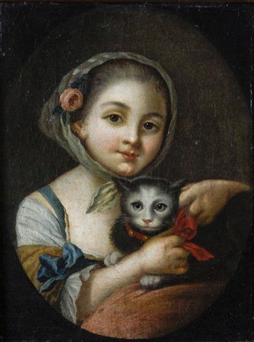 ECOLE RUSSE DU XVIIIe siècle. Portrait d'une jeune fille et son chat. Huile sur toile,...