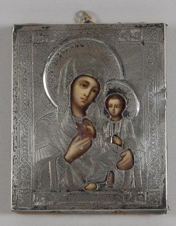 null Icône sur bois représentant « La Vierge à l'Enfant », monture rhiza en argent....