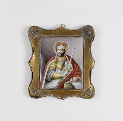 null Icône sur porcelaine « Saint Alexandre Newsky », conservée dans un encadrement...