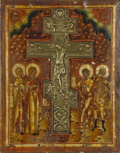 null Icône sur bois représentant « Sainte Marie et Saint Jean », entourant la croix...