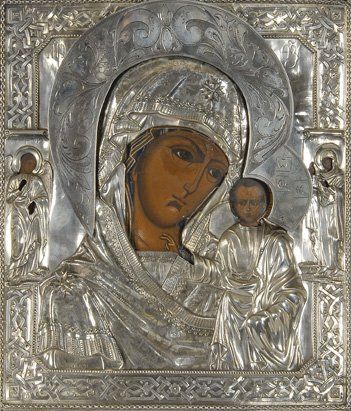 null Icône sur bois « Vierge à l'Enfant», entourant deux Saints, monture rhiza en...