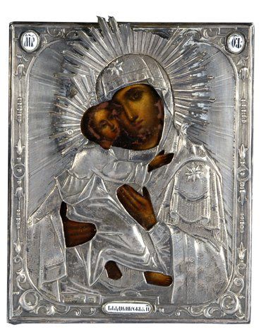 null Icône sur bois « Vierge à l'enfant Wladimir», monture rhiza en argent et partie...