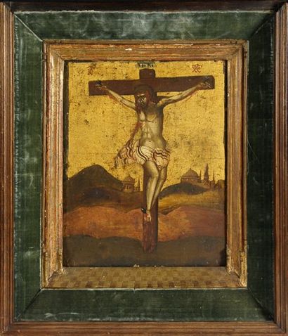 null Icône sur bois « Christ sur la Croix», avec Jérusalem en arrière plan, conservé...