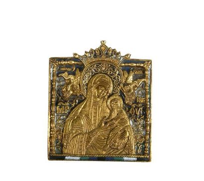null Icône « Vierge à l'Enfant », en bronze doré, fond et entourage en partie émaillé...