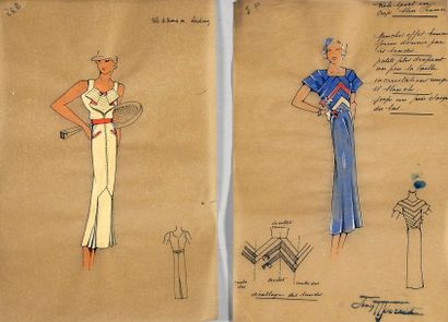 null Ensemble de 2 dessins originaux sur calque. «Robe de Tennis et Robe Sport»....