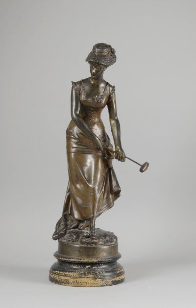 null Sculpture en régule sur socle bois. «Femme au jeu de croquet». Vers 1900. Hauteur...