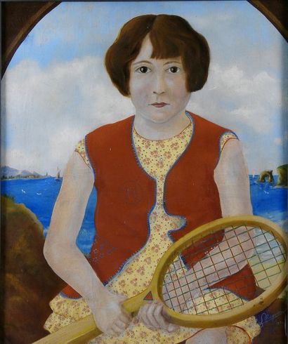 null Huile sur toile «Jeune fille à la raquette». Signée Maquin et datée 1930. Dim....